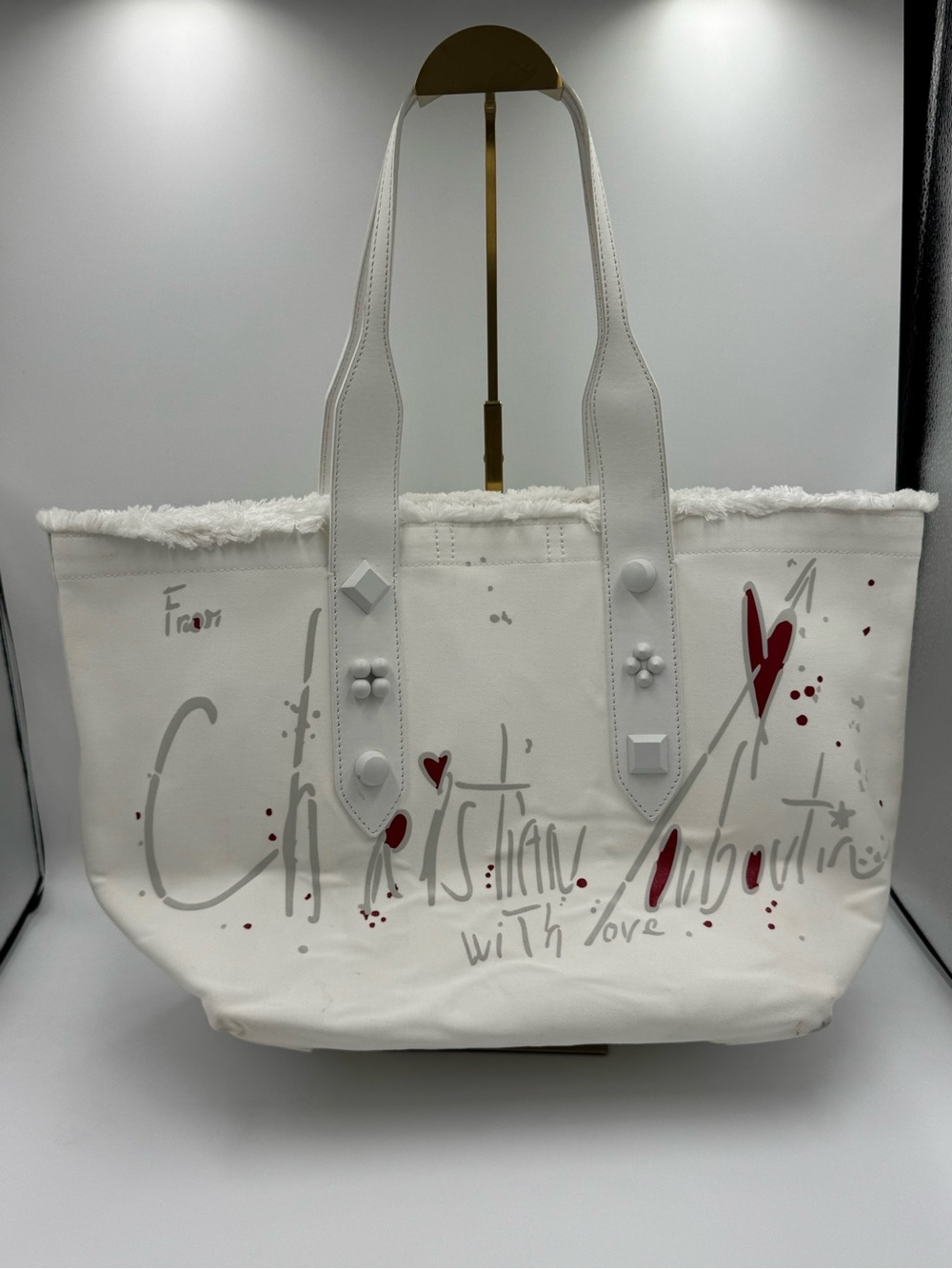 Christian Louboutin White Canvas & Leather Trim Tote with Red Hearts With Love